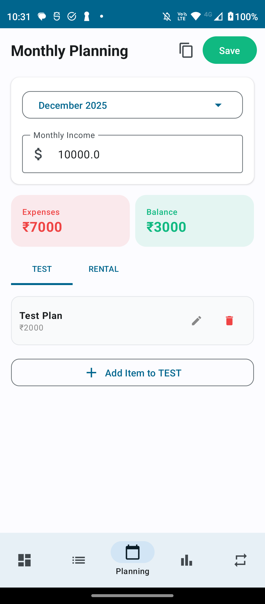 Monthly planning screen