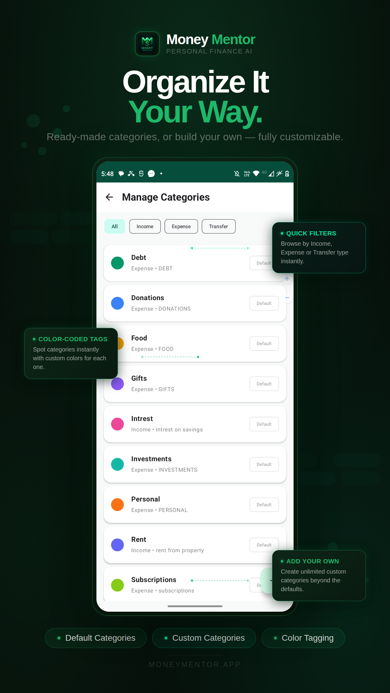 Manage categories with quick filters, color tags and custom categories