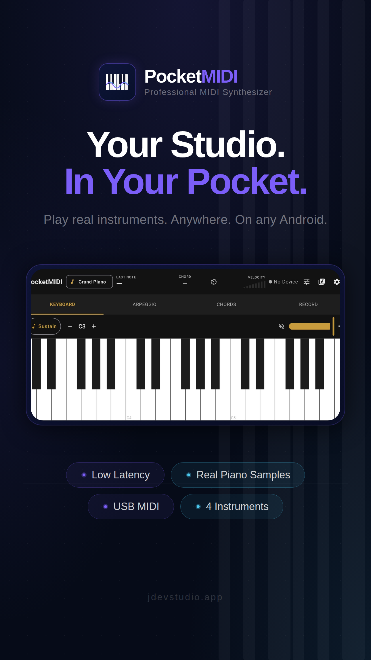 PocketMIDI keyboard with low latency and real piano samples