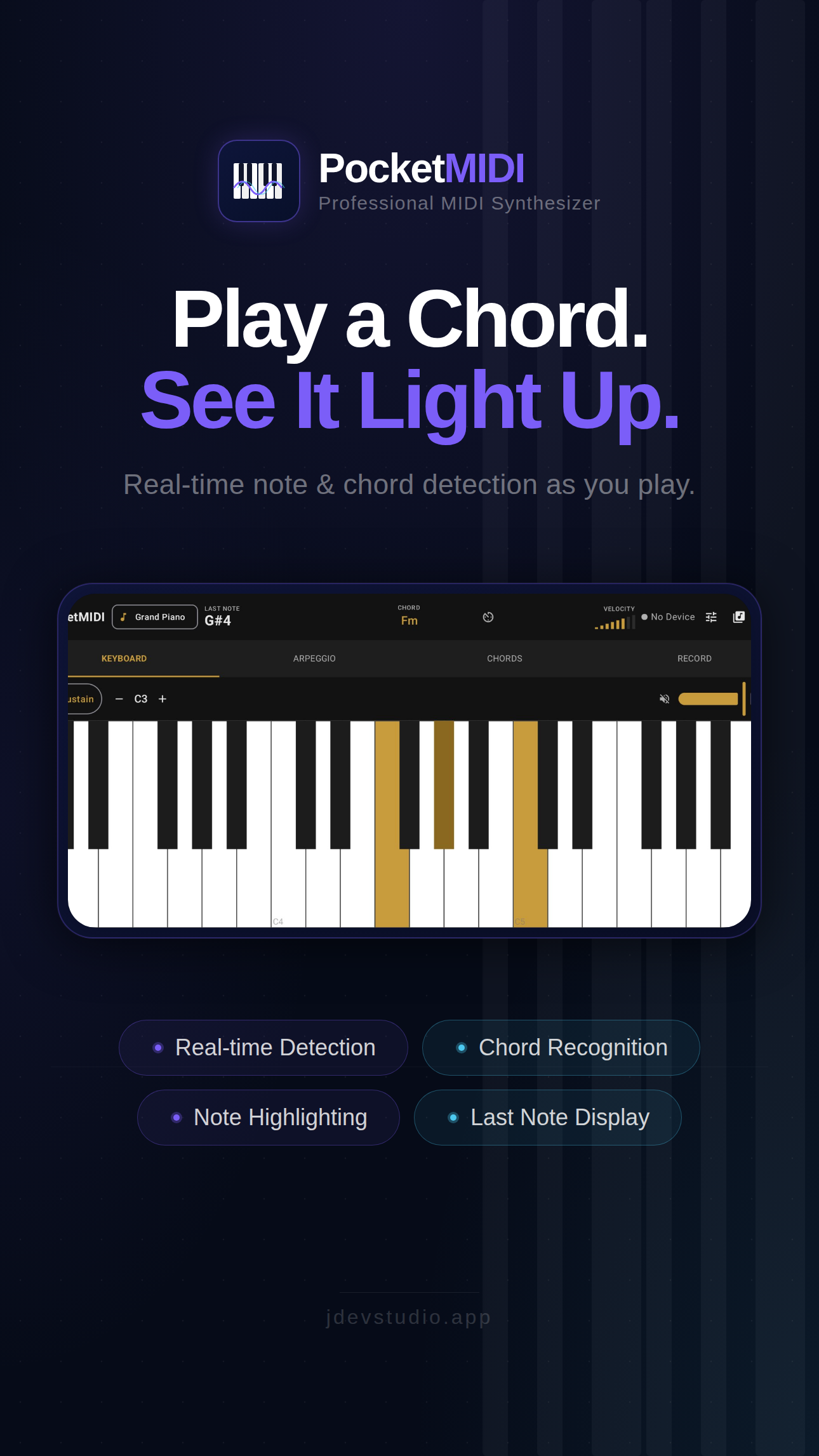 Real-time chord and note detection with key highlighting