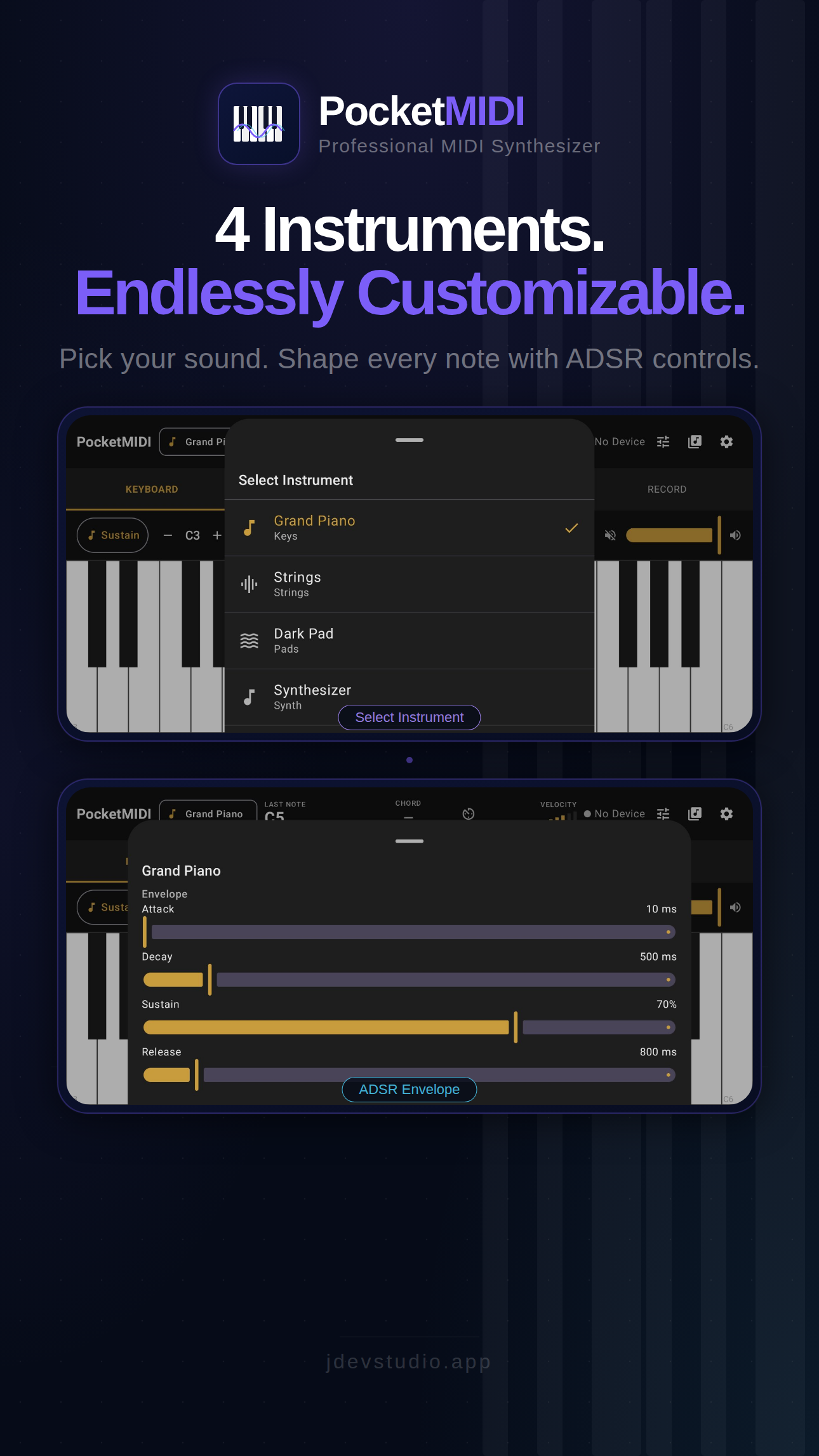 4 instruments with ADSR envelope editor