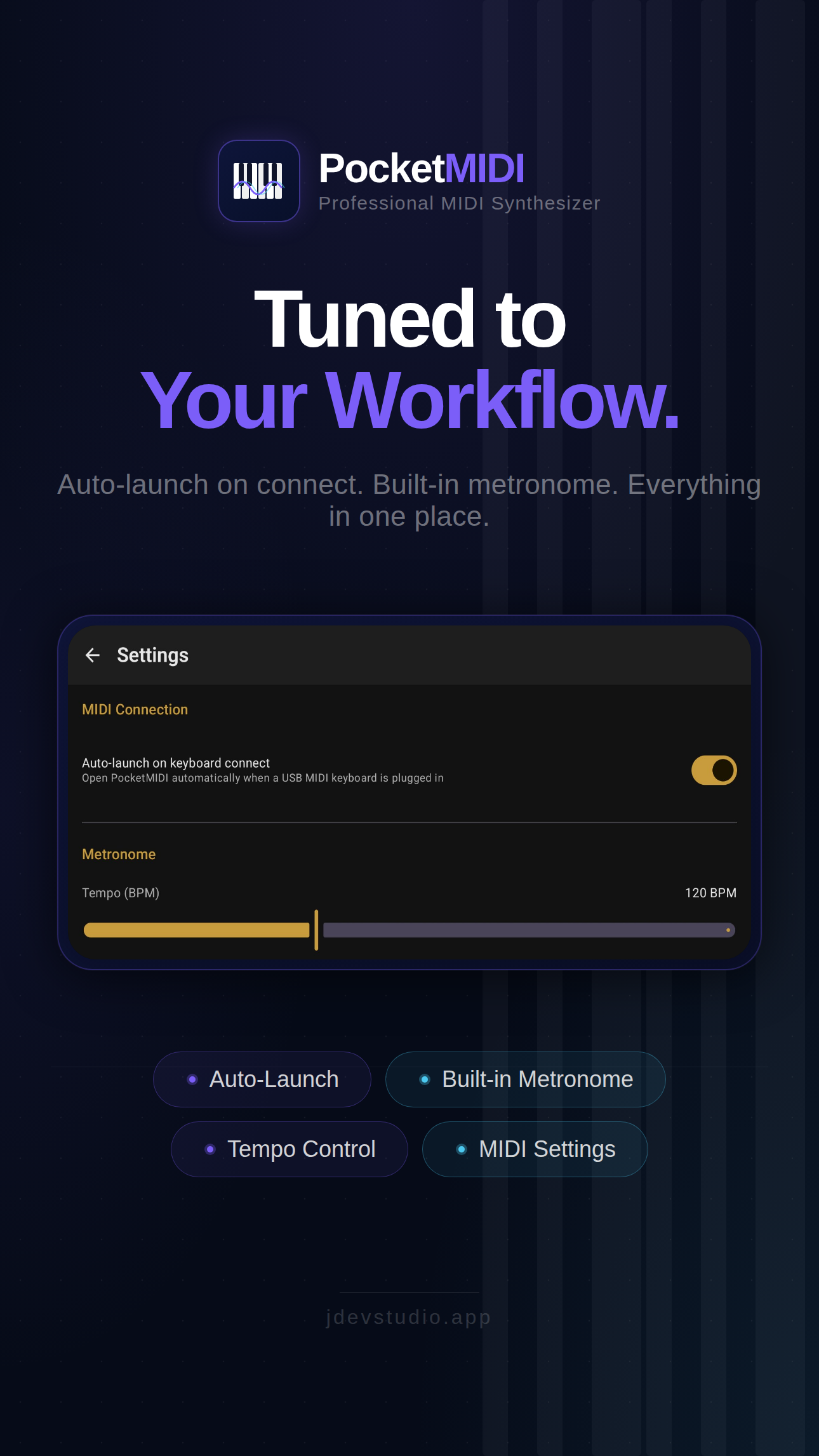 Settings with auto-launch and built-in metronome